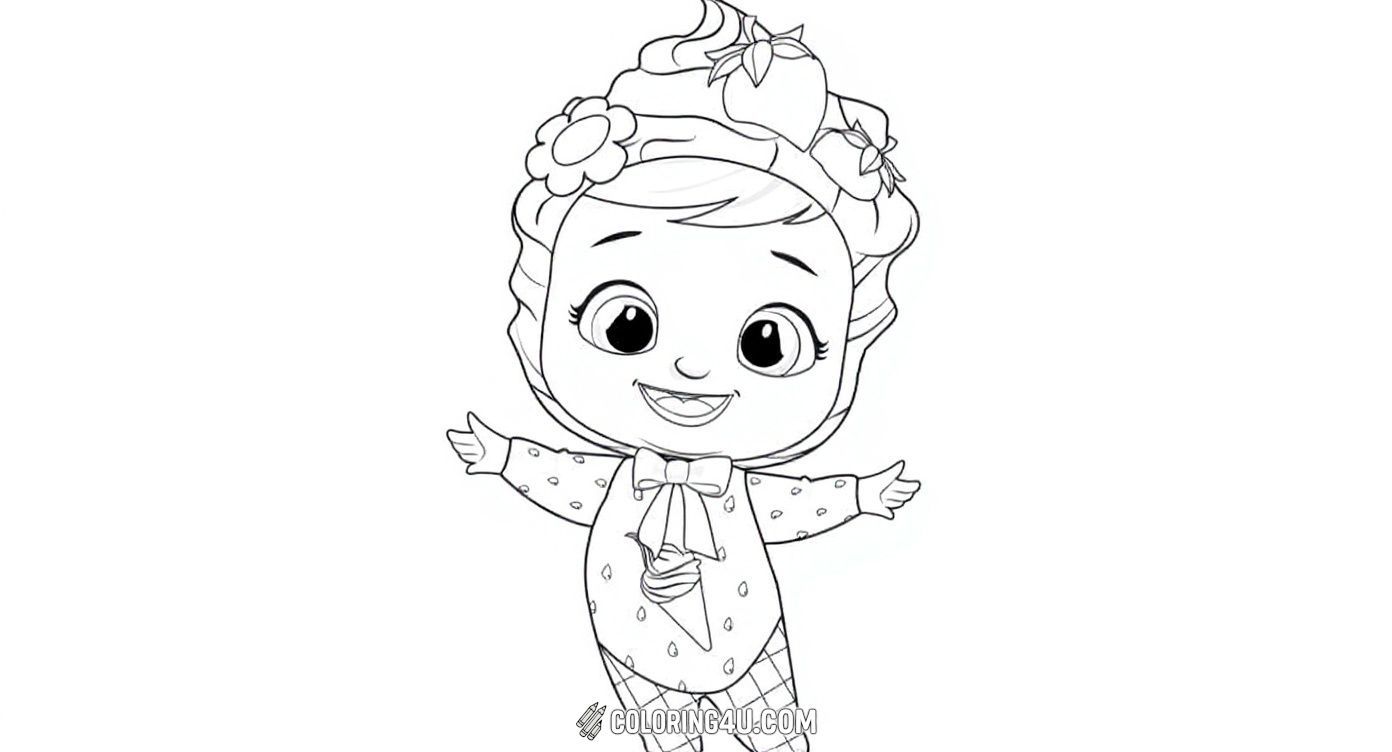 Meet Ella from Cry Babies Magic Tears dressed in a cute strawberry-themed outfit with a big smile on her face. Kids will love coloring her cheerful expression and fun outfit filled with sweet details like strawberries and flowers.