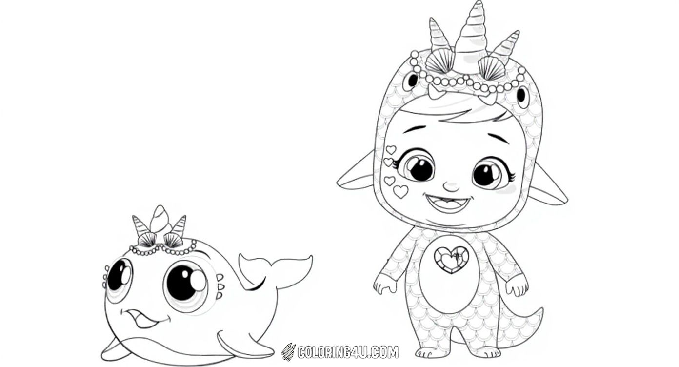 Join Stella and her pet Joy from Cry Babies Magic Tears as they dive into a magical underwater adventure. Stella is wearing a playful dinosaur costume, and Joy is ready to swim along. Kids can have fun bringing these characters to life with vibrant colors!