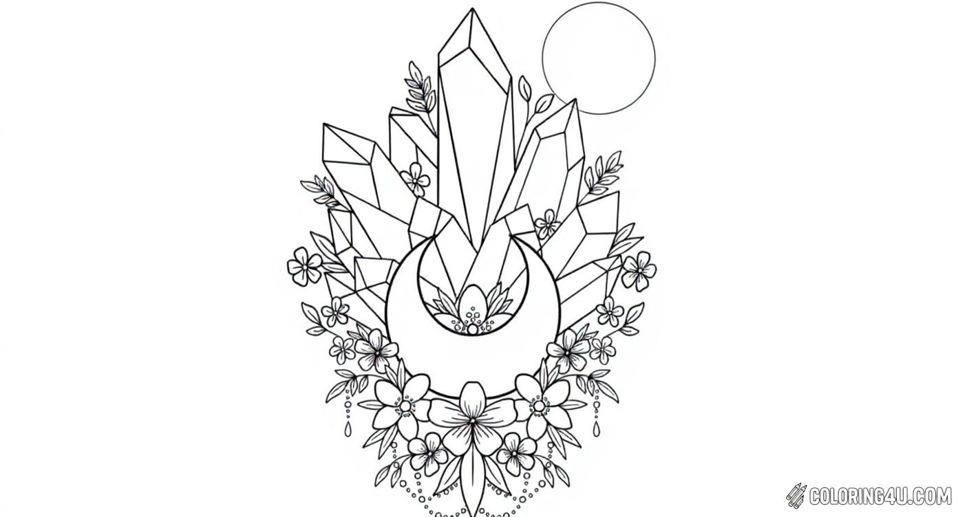 Dive into a fantasy garden with this elegant coloring page showing a stunning bunch of tall crystals surrounded by a lush wreath of flowers and leaves. A crescent moon peek from behind the crystals, making this a perfect magical scene for kids to color and enjoy their creativity!