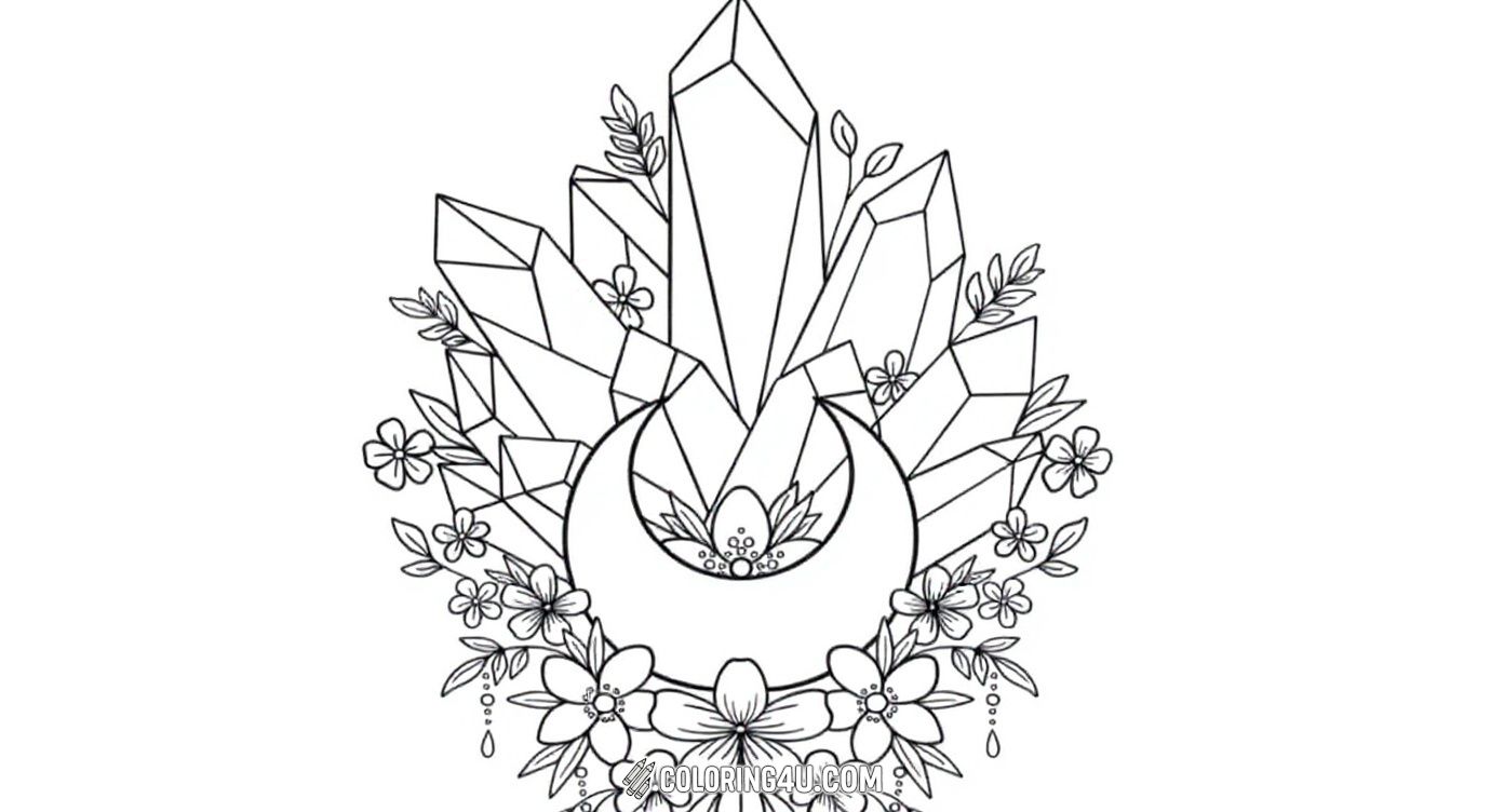 This coloring page features a stunning arrangement of crystals rising behind a crescent moon adorned with delicate flowers and leafy branches. Kids can have fun adding bright colors to the intricate flowers and luminous crystals, creating a magical and enchanting scene.