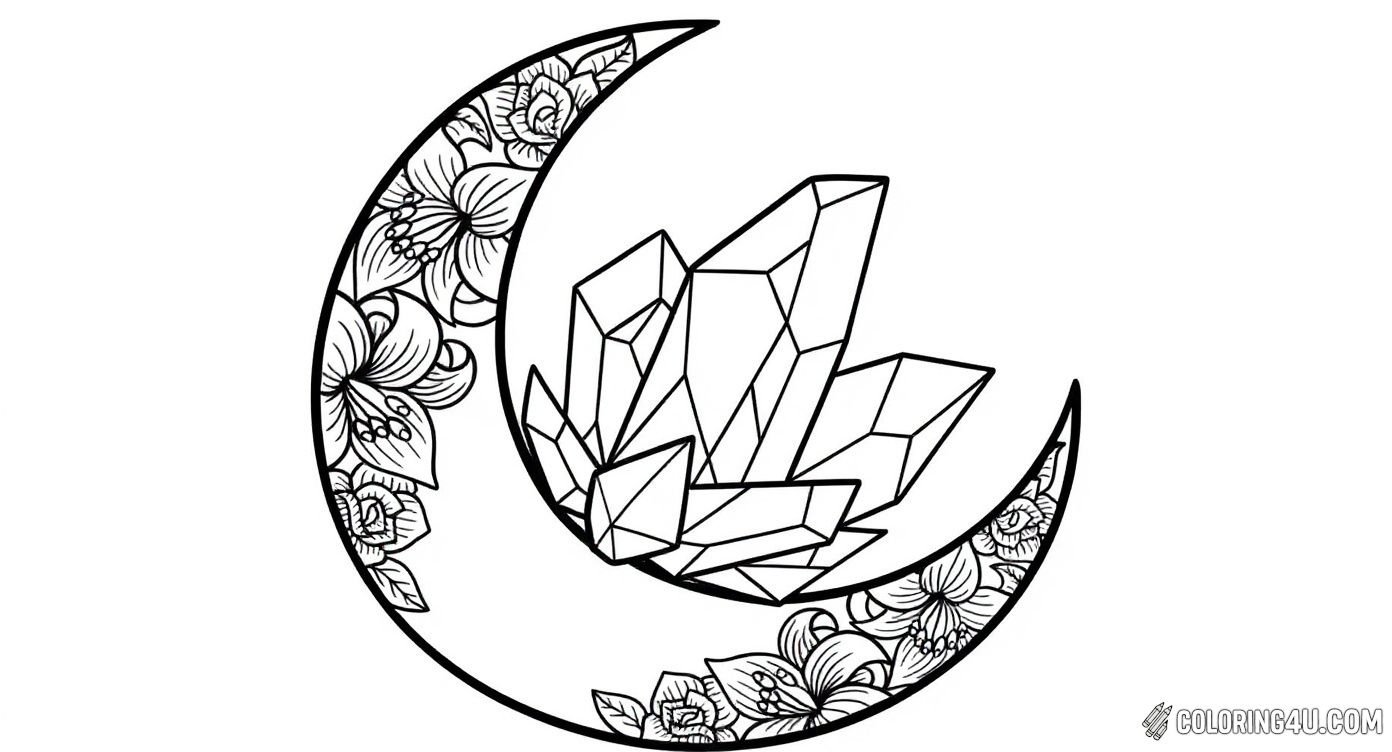 Dive into this enchanting coloring page featuring a beautiful cluster of crystals resting inside a crescent moon adorned with intricate floral designs. Surrounding stars and delicate flowers invite you to explore your creativity and bring this magical night scene to life with vibrant colors.
