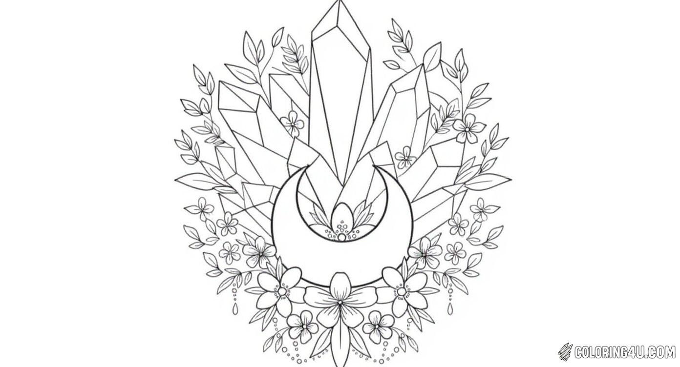 Crystal Moon Floral Wreath Coloring Page