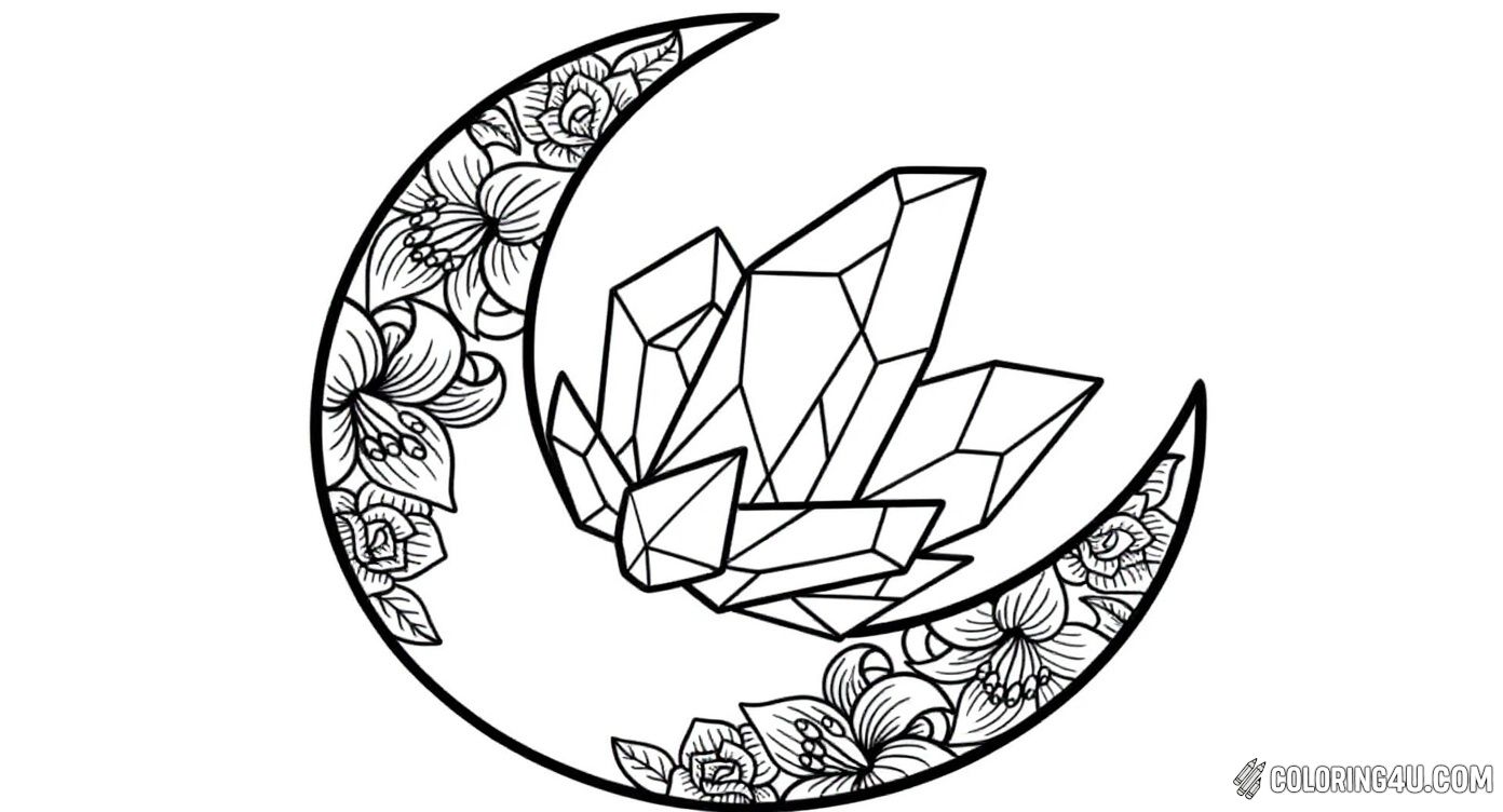This magical coloring page features a crescent moon adorned with beautiful flowers and a dazzling cluster of crystals at its center. Around the moon, delicate stars and smaller flowers add an enchanting touch. Kids will enjoy bringing this mystical night scene to life with their favorite colors!