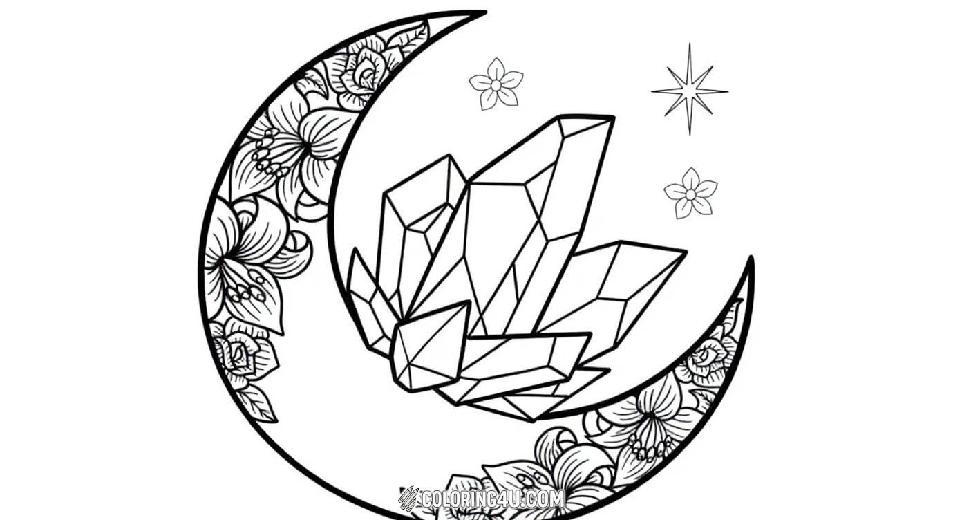 This captivating coloring page depicts a crescent moon decorated with detailed floral patterns, cradling a cluster of sparkling crystals. Surrounding stars and flowers add to the magical, night-time feel, inviting kids to color a sparkling celestial scene full of imagination.