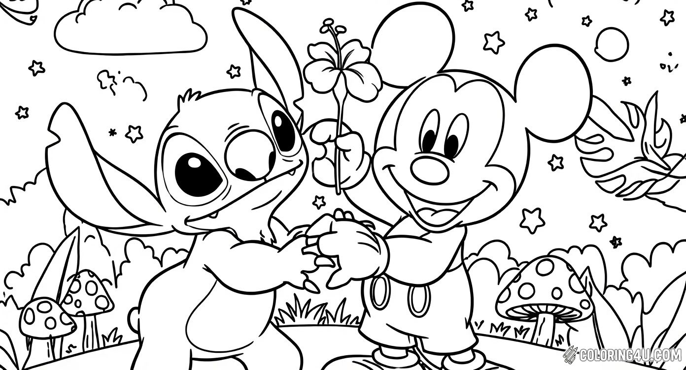 Stitch And Mickey Holding Flowers Disney