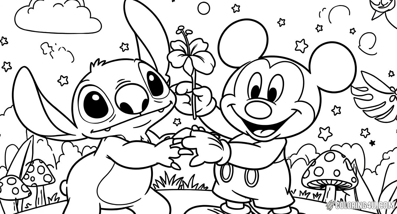 Bring to life the magical friendship between Stitch and Mickey Mouse as they share a joyful moment surrounded by stars, flowers, and clouds in this whimsical coloring page. A perfect choice for kids who love fun and imaginative Disney characters.