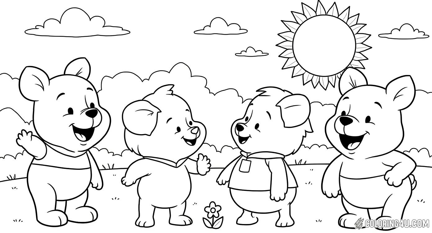 Color this adorable scene of Winnie the Pooh and Piglet playing happily on sunny rolling hills with flowers all around. This delightful picture invites kids to bring warm sunshine and friendship to life with their favorite colors.