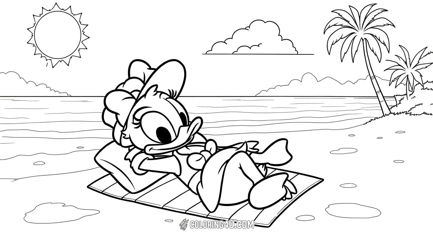 Here’s Daisy Duck enjoying a relaxing day at the beach, lying on a mat under the sun with palm trees and ocean in the background. This charming scene invites children to color the calm and sunny beach vibes alongside their favorite duck friend.