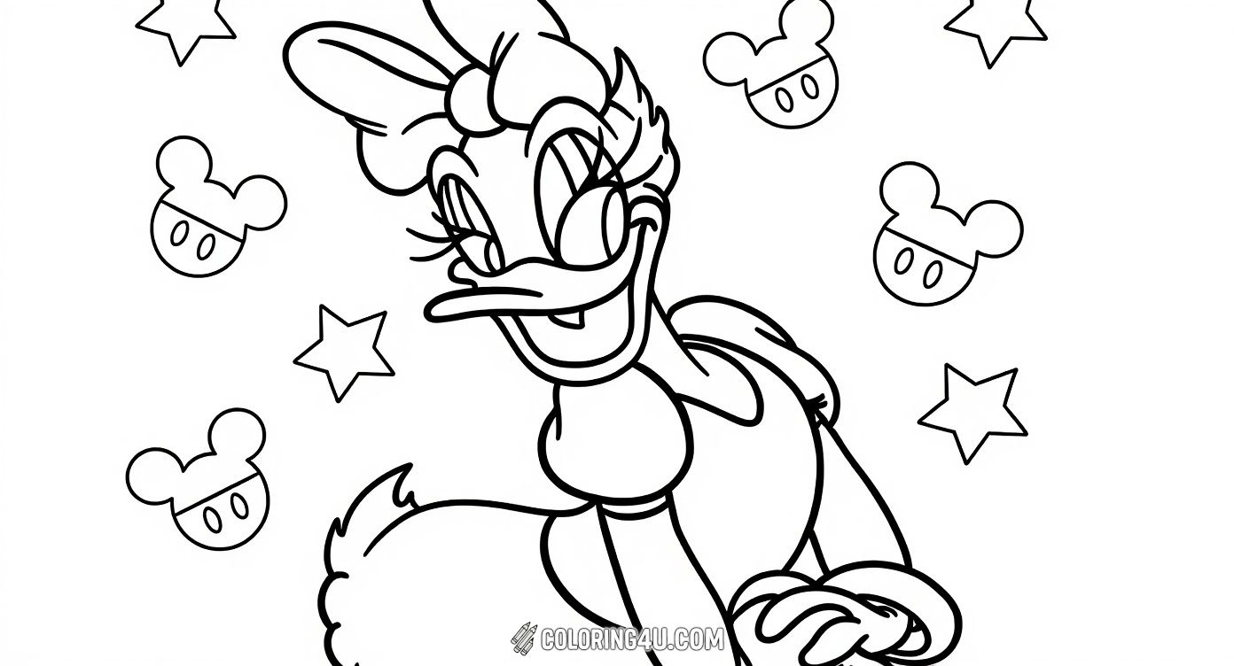 This delightful coloring page features Daisy Duck, the popular Disney character, striking a playful pose surrounded by stars and Mickey Mouse head shapes. Kids will enjoy bringing Daisy to life with vibrant colors while having fun with a classic cartoon favorite.