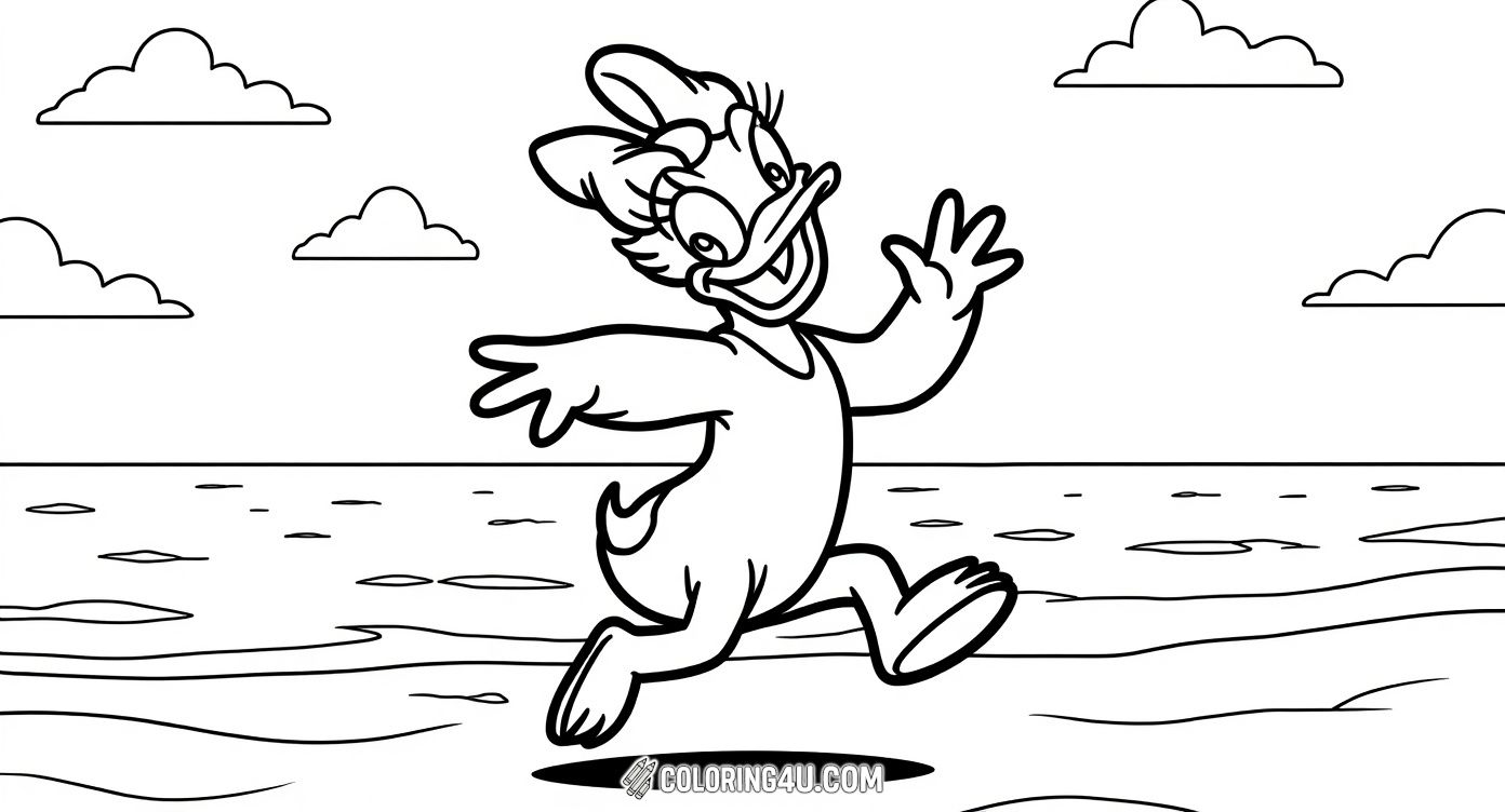 In this cheerful coloring page, Daisy Duck is captured joyfully jumping on a beach with palm trees and a bright sunny sky filled with clouds. It’s perfect for kids who love energetic scenes and want to decorate a fun day by the sea with their own colors.