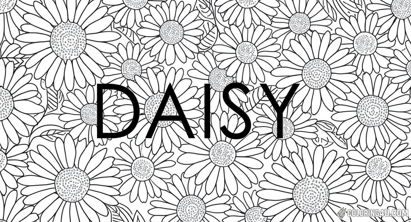 Dive into a fun and intricate coloring experience with this daisy flower pattern filled with numerous blossoms and leaves, highlighted by the bold word 'DAISY' in the center, perfect for creative kids.