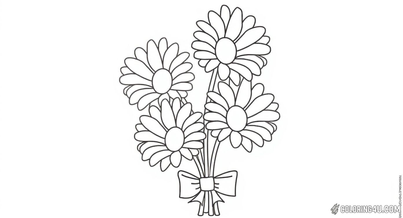 This coloring page features a charming bouquet of five daisies tied together with a lovely bow. Kids can have fun bringing life to these cheerful flowers by coloring the petals, stems, and the cute bow with their favorite colors.