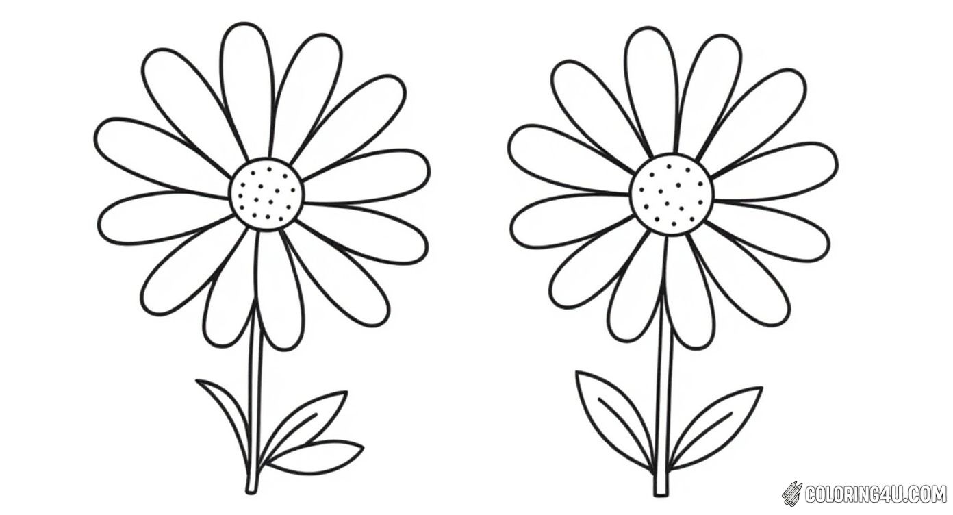 This delightful coloring page features two cheerful daisies standing side by side. With their simple shapes and clear outlines, it's perfect for young kids to practice coloring and have fun bringing these sunny flowers to life.