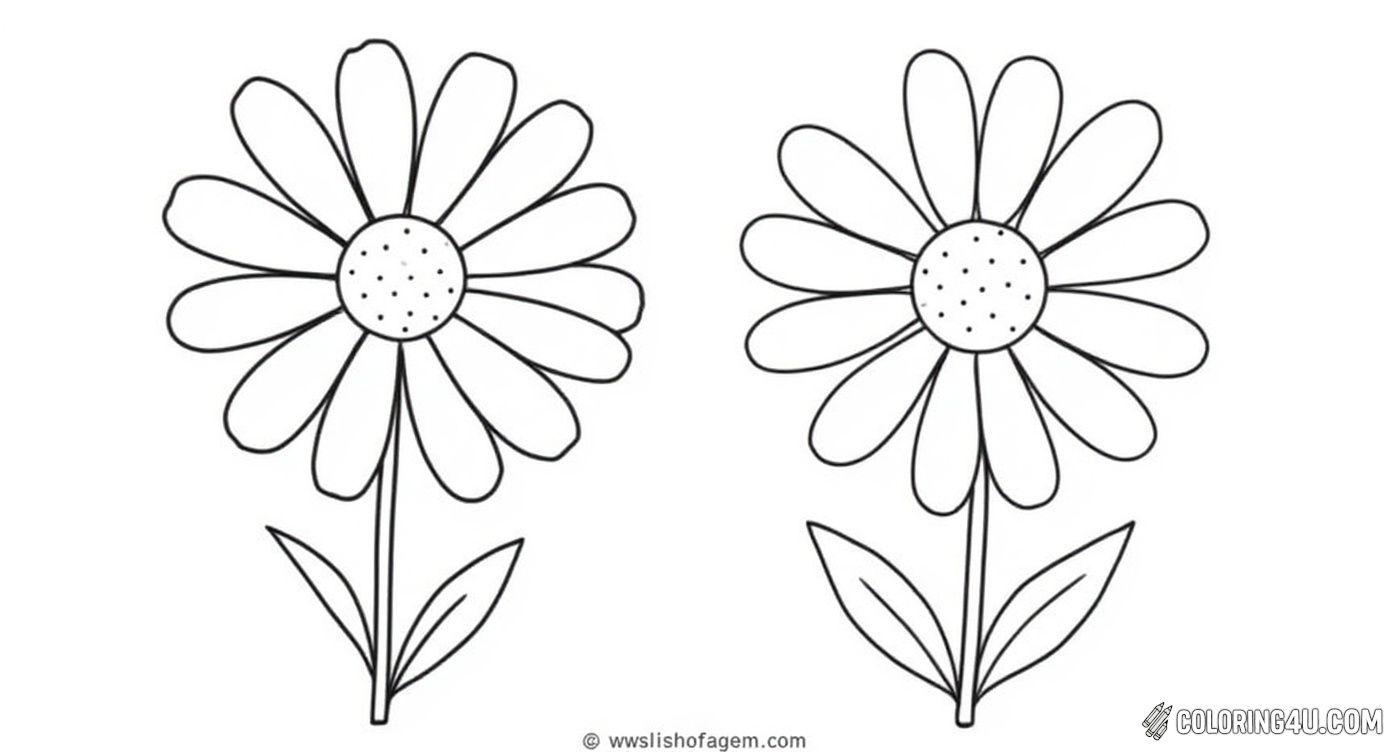 This delightful coloring page features two simple daisy flowers side-by-side, perfect for young kids to fill with bright colors and enjoy practicing their coloring skills.