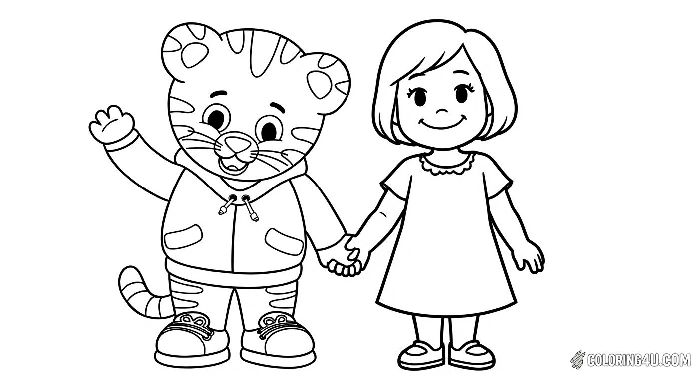 This delightful coloring page features Daniel Tiger and his sister Margaret holding hands and waving happily. Kids can have fun bringing these charming tiger siblings to life with their favorite colors, enjoying the warmth and friendship these characters from Daniel Tiger's Neighborhood bring.