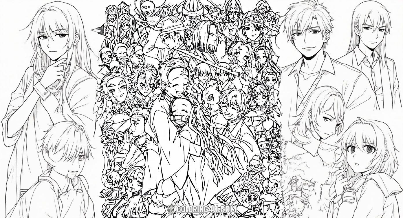 This detailed coloring page showcases a lively collage of many characters from the Demon Slayer series, including Tanjiro and Nezuko in the center. Kids will enjoy the challenge of coloring the diverse group of heroes and villains, bringing the entire world of Demon Slayer to life on the page.