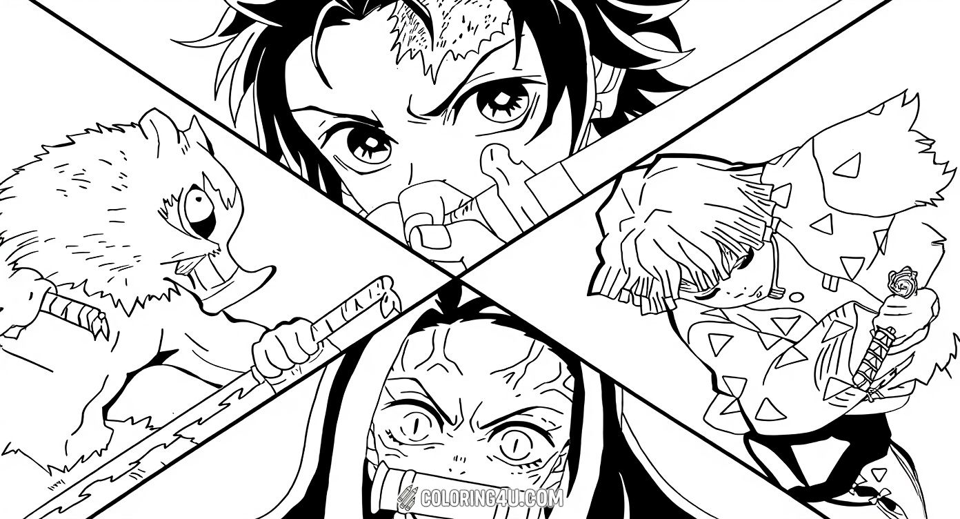 This exciting coloring page shows four popular characters from Demon Slayer, each ready for battle! Kids can bring to life Tanjiro, Nezuko, Zenitsu, and Inosuke with colors as they face their challenges with bravery and friendship.