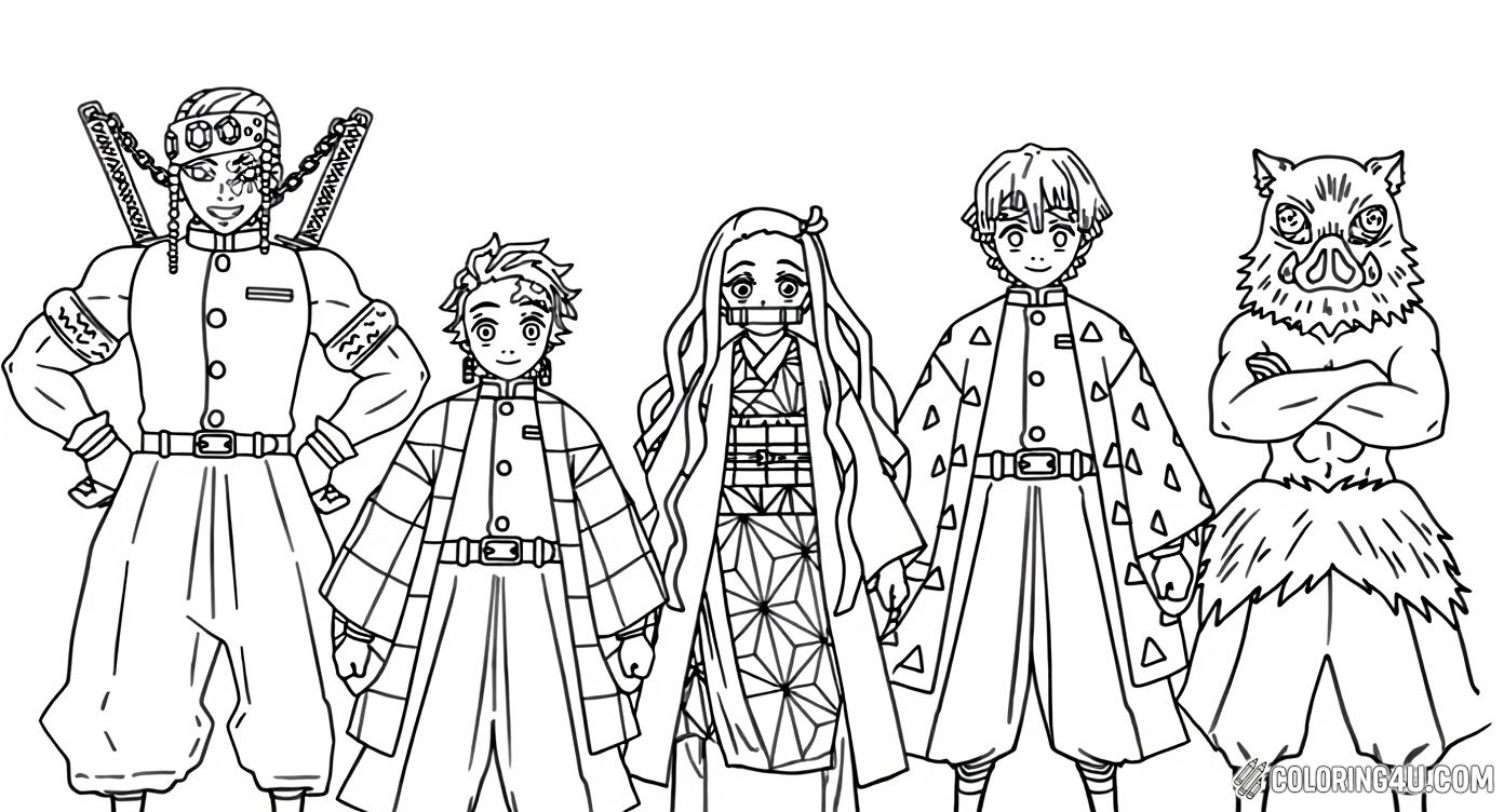 Demon Slayer Main Characters Group Coloring Page