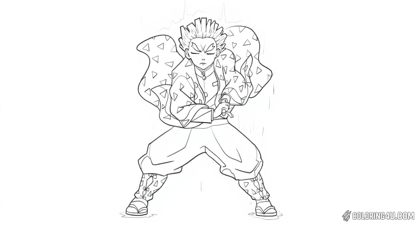 Get ready to bring this powerful Demon Slayer character to life! This coloring page features a fierce warrior with spiky hair and a dynamic pose, radiating determination and strength. Kids can have fun coloring his flowing outfit and energetic aura as he prepares for an epic battle.