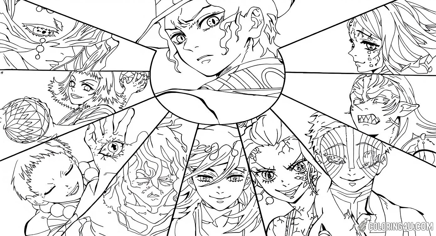 Dive into the world of Demon Slayer with this exciting character collage coloring page! It features a variety of heroes and villains arranged in a striking radial pattern, each with distinct expressions and details. Kids will love adding colors to these fierce and mysterious faces, making each one stand out in this dramatic scene.