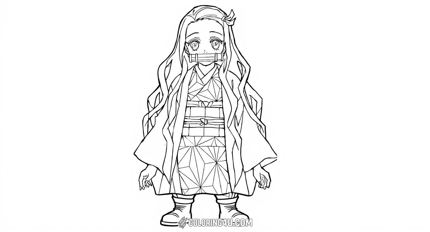 This coloring page features Nezuko Kamado from Demon Slayer, standing gracefully in her traditional kimono with a bamboo muzzle in her mouth. The geometric patterned background adds an extra layer of fun for kids to color and bring this beloved character to life.
