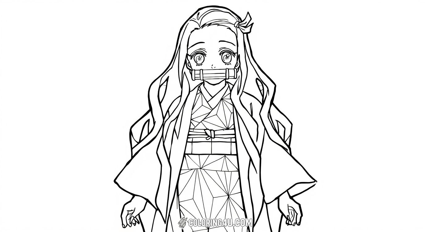 This coloring page features Nezuko Kamado, a beloved character from the popular anime Demon Slayer. Kids can enjoy bringing to life Nezuko's gentle expression and flowing hair, set against a detailed geometric patterned background. Her kimono and unique bamboo muzzle offer fun coloring details that will spark creativity.
