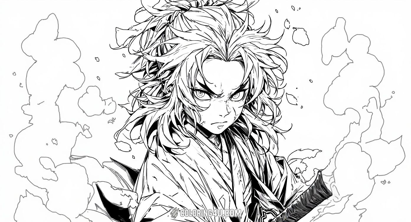 Bring warmth and energy to this fierce coloring page of Rengoku Kyojuro, the Flame Hashira from Demon Slayer. With his intense gaze and fiery hair, kids can have fun adding vibrant colors to this powerful warrior ready to protect his friends.