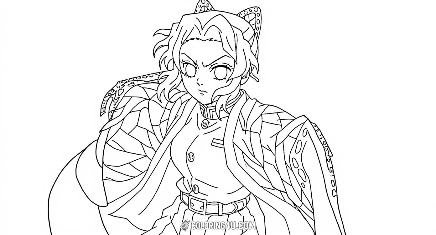 Get creative with this cool coloring page featuring Shinobu Kocho from Demon Slayer. Kids will love coloring her detailed outfit and determined expression as she prepares for an adventurous battle.