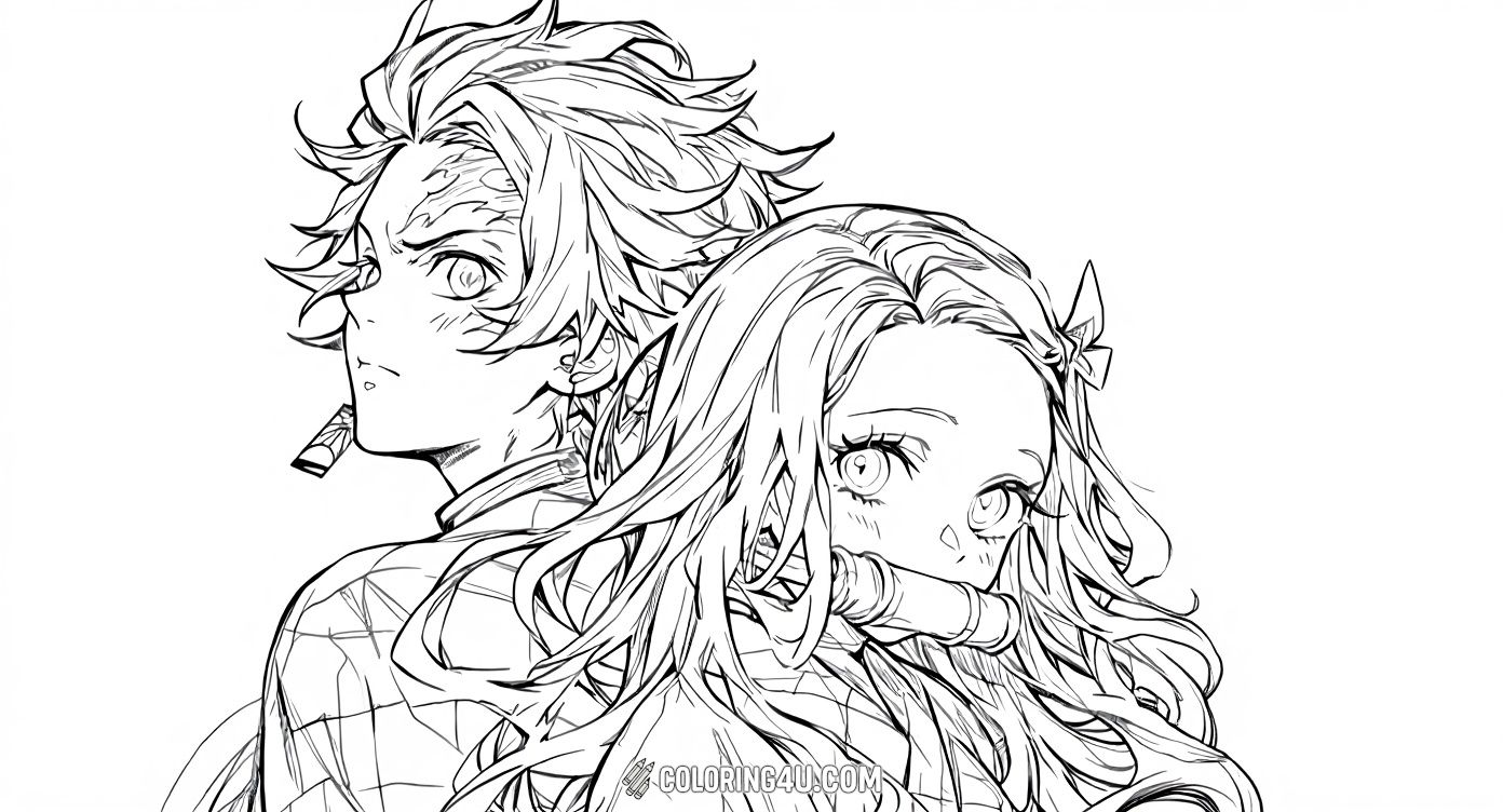 Dive into the heroic world of Demon Slayer with this detailed coloring page of Tanjiro and his sister Nezuko Kamado standing back to back. Kids will love adding color to Tanjiro’s determined look and Nezuko’s flowing hair and iconic bamboo muzzle. The intricate linework invites creativity for a masterpiece of these beloved siblings.