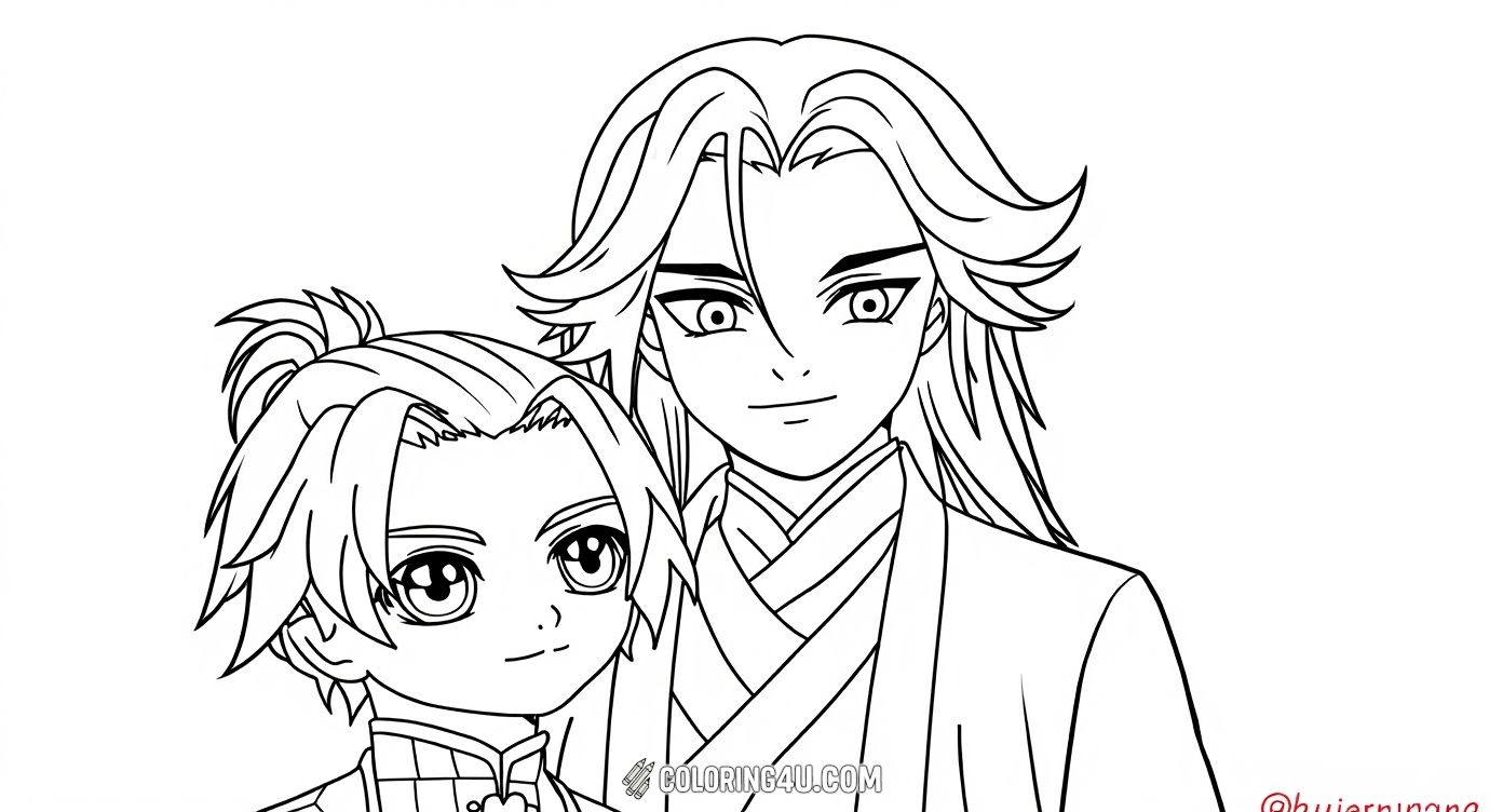 Color this charming scene with Tanjiro Kamado and Kanao Tsuyuri from the exciting world of Demon Slayer. Tanjiro’s brave smile and Kanao’s sweet gaze invite young artists to add their favorite colors to their traditional outfits. This duo’s friendly pose makes this a delightful coloring page for fans of the series.