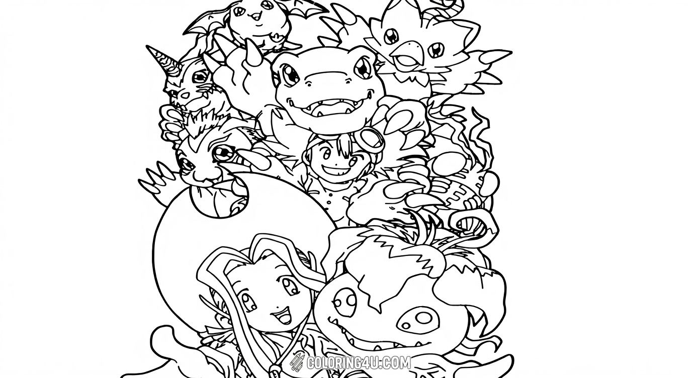 Join the fun with this lively Digimon Adventure coloring page featuring the main characters and their adorable Digimon friends all gathered together. Kids will love bringing this joyful scene to life with colors and imagining exciting adventures in the Digital World.