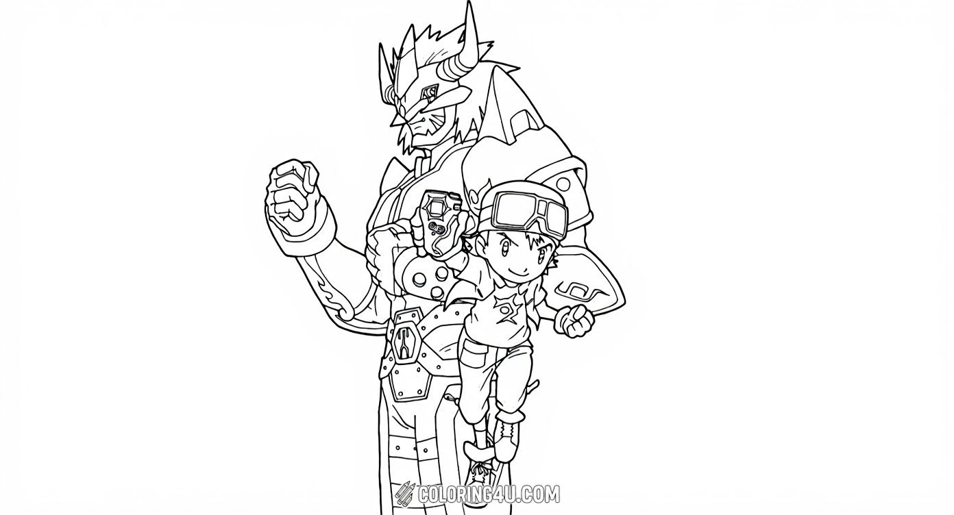 Bring to life the dynamic duo of a brave Digimon boy and his powerful, armored Digimon warrior in this exciting coloring page. Kids will enjoy coloring the detailed armor and expressing the courage and strength of this iconic team from the digital world.