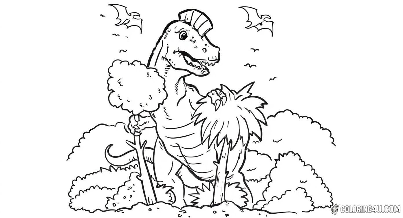 A fun and friendly cartoon dinosaur is holding trees and smiling, surrounded by flying pterosaurs in this playful coloring page. Children can enjoy coloring this happy scene and explore their creativity while imagining the lively prehistoric environment.