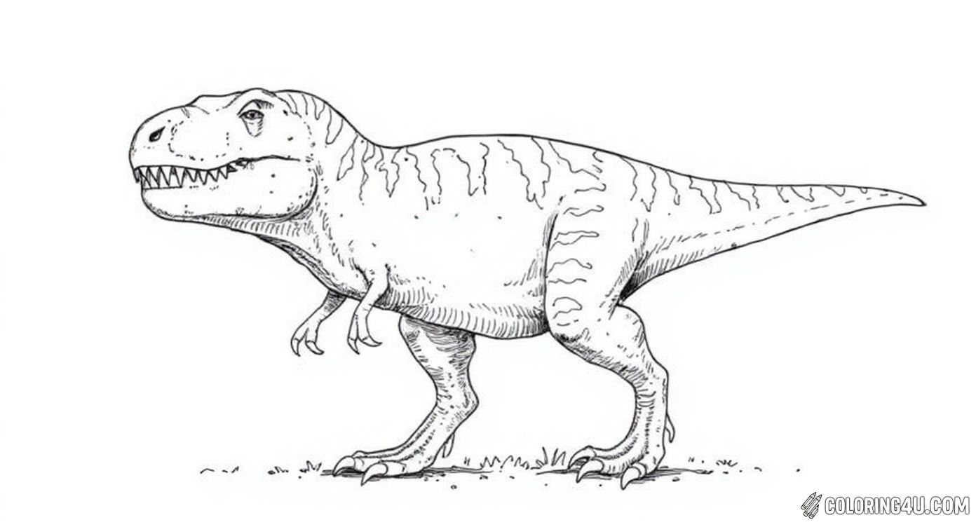 This detailed coloring page features a realistic Tyrannosaurus rex standing strong amidst prehistoric plants. Kids can bring this mighty dinosaur to life with colors while imagining the ancient world it roamed, complete with flying pterosaurs in the sky.