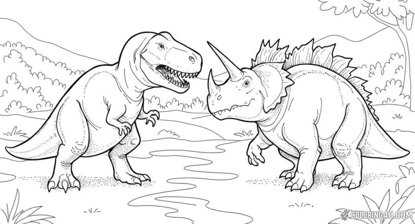 This exciting coloring page shows an intense moment between a Tyrannosaurus rex and several Triceratops dinosaurs near a water source. Kids will love adding vibrant colors to this dynamic scene filled with prehistoric action and adventure.
