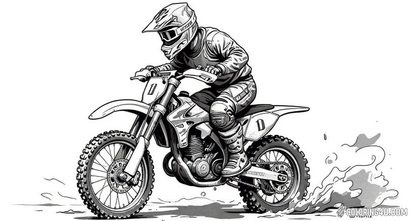 Get ready to color an exciting dirt bike scene featuring a cool rider speeding on a dirt trail. The detailed illustration captures the thrill of off-road biking with tire tracks kicking up dust, making it perfect for kids who love action and adventure!