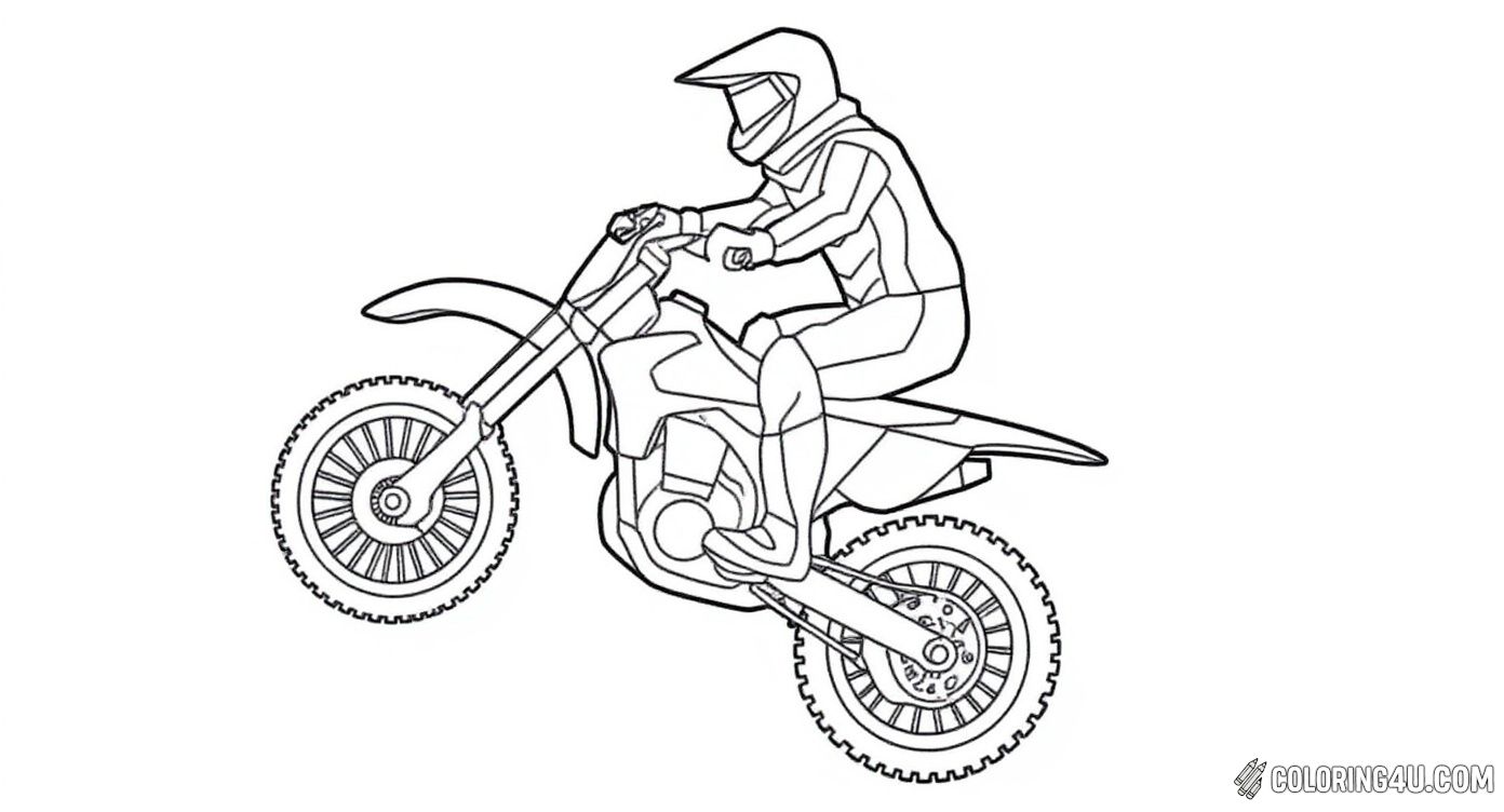 Join the fun with this dynamic coloring page showing a fearless rider performing a wheelie on a dirt bike. Young artists can enjoy adding colors to the bike and rider’s gear, bringing this daring stunt to life with their imagination!