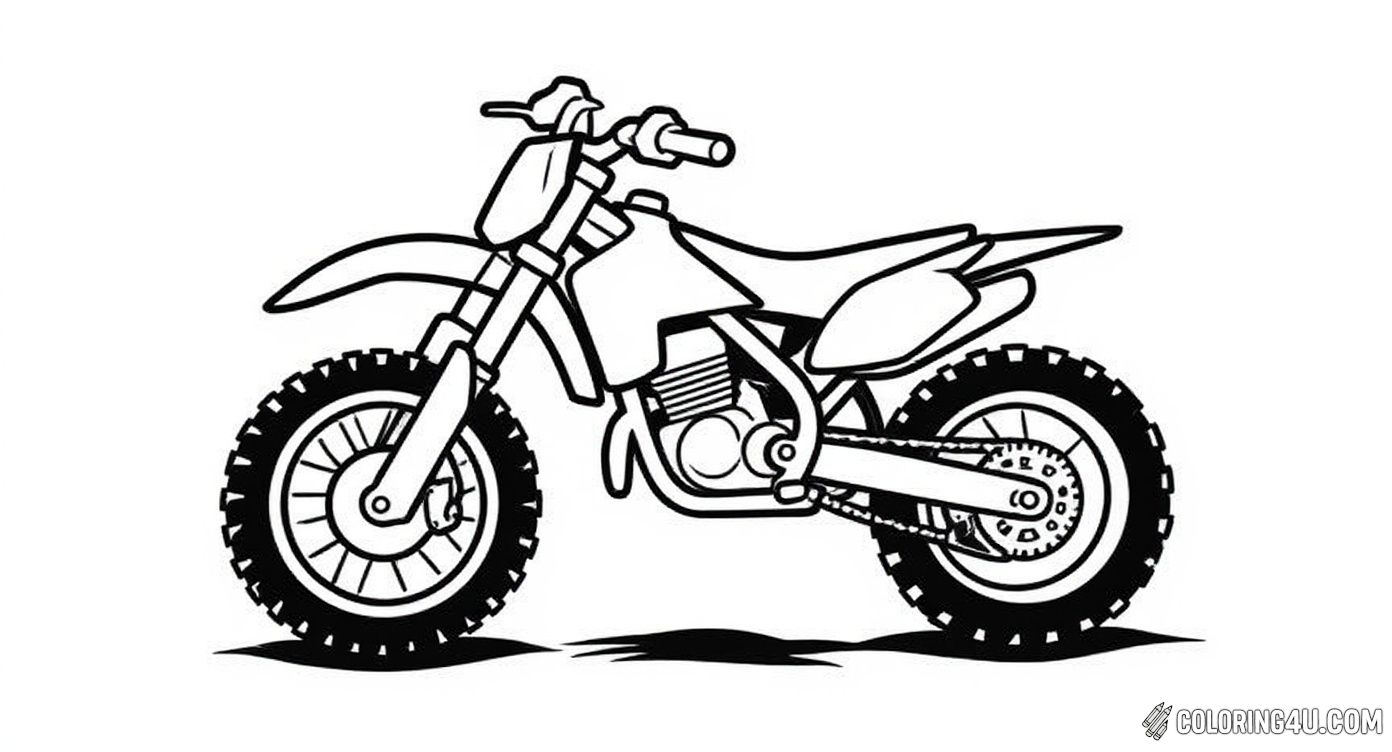This easy and fun coloring page features a classic dirt bike resting on the ground, ready for action. Perfect for kids, it offers clear lines and a great chance to explore different colors to decorate the bike and make it uniquely their own.