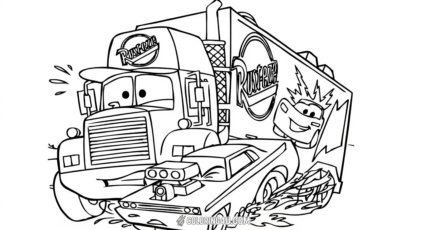 Mack And Rust Eze Truck Chase Cars Coloring