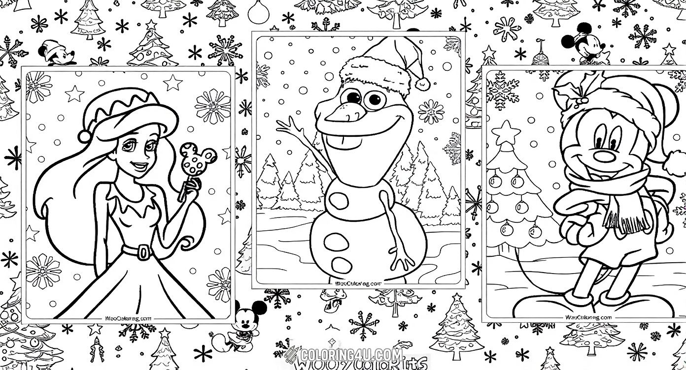 This delightful coloring page features a charming Disney princess celebrating Christmas. With a magical wand shaped like Mickey Mouse ears, she stands surrounded by festive snowflakes and stars, ready to spark your creativity. Kids will love bringing this enchanting holiday scene to life with vibrant colors and holiday cheer!