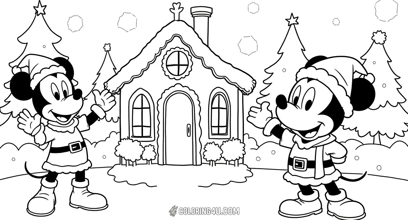 Join Mickey and Minnie Mouse as they spread holiday cheer by caroling in front of a festive gingerbread house! Kids can have fun coloring their cozy winter outfits and the whimsical candy decorations while enjoying the snowy scene.