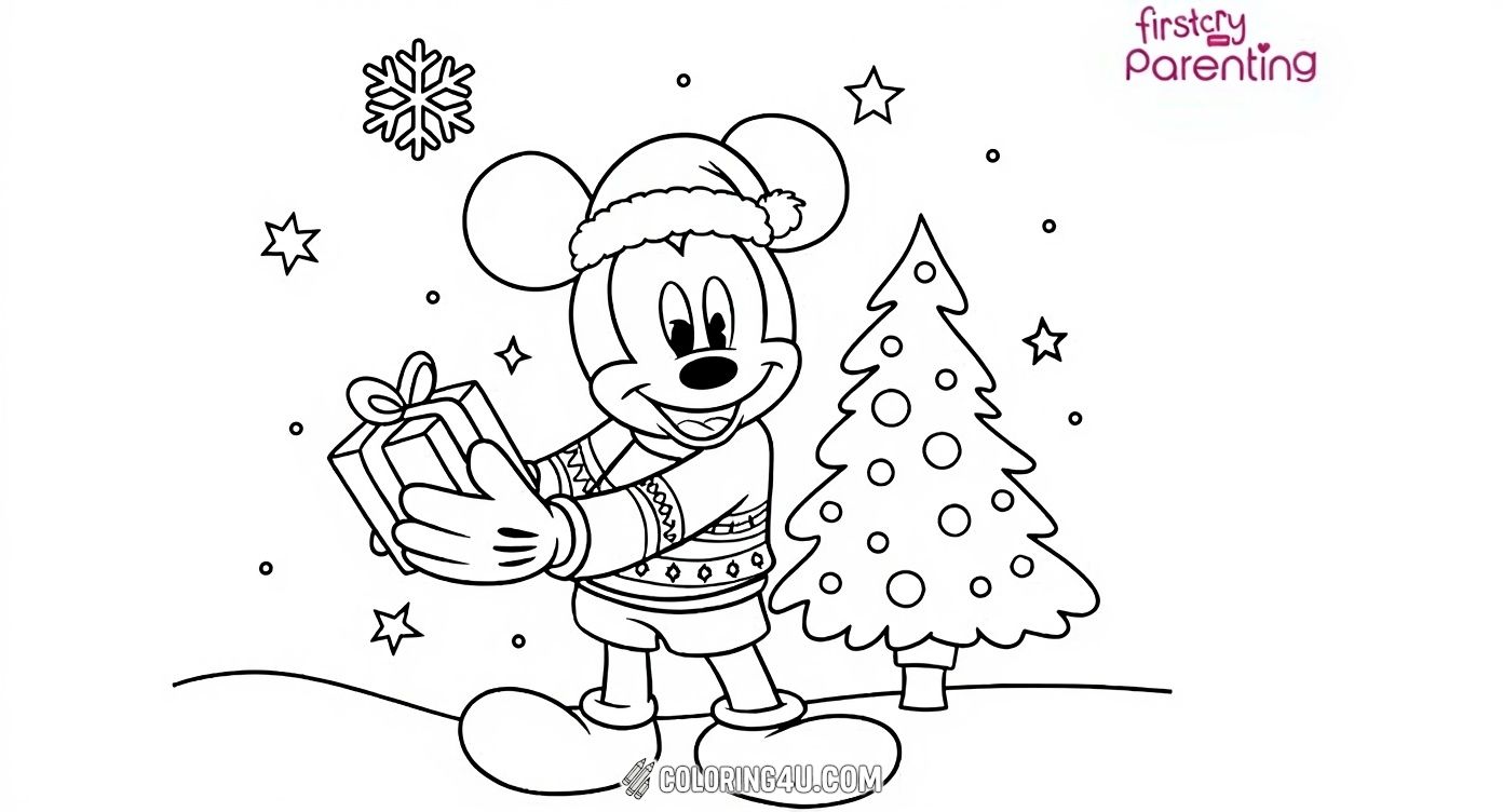 Join Mickey Mouse in this joyful Christmas coloring page as he happily holds a wrapped gift, wearing a cozy Santa hat and festive sweater. Set against a snowy backdrop with twinkling stars and a decorated Christmas tree, this image invites kids to add their own splash of color and holiday spirit to Mickey's cheerful holiday moment.