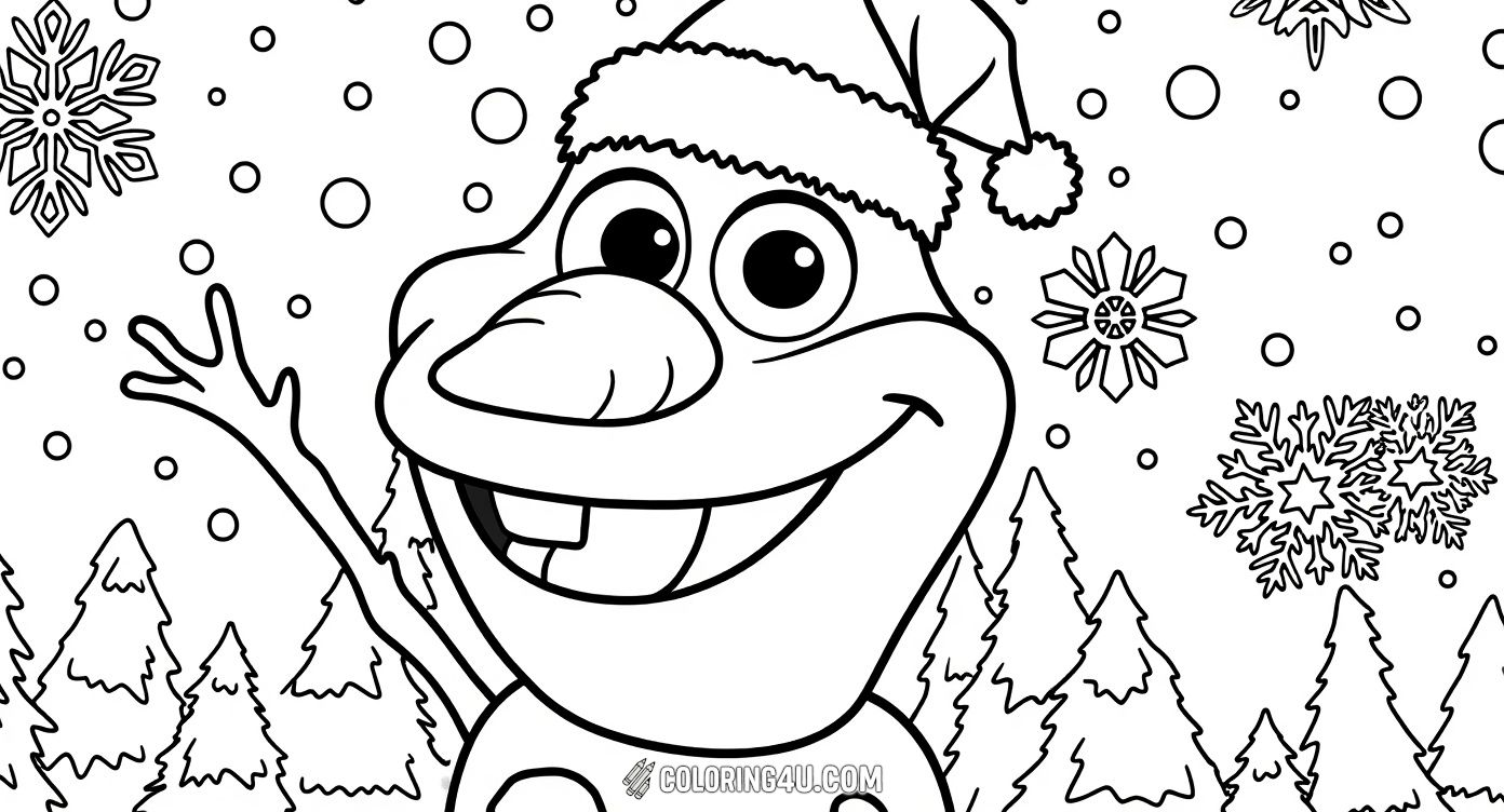 Bring Olaf, the lovable snowman from Disney's Frozen, to life with your colors! Olaf is wearing a jolly Christmas hat and waving happily against a backdrop of snowflakes and a snowy forest, perfect for kids to add their favorite winter hues.