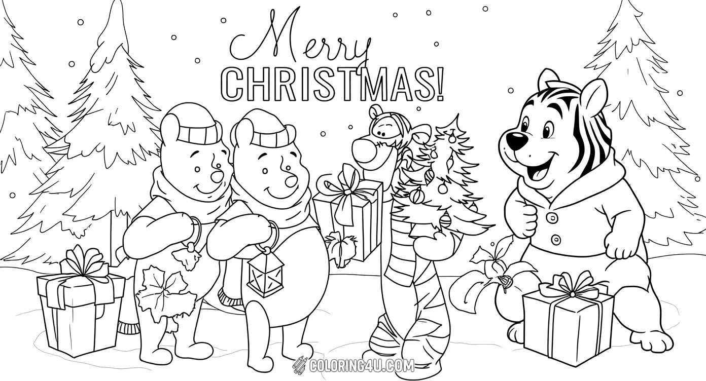 Celebrate the holidays with Winnie the Pooh, Piglet, and Tigger as they carry Christmas gifts and decorations through a snowy forest! Kids will enjoy coloring this heartwarming scene full of friendship, winter fun, and festive spirit.