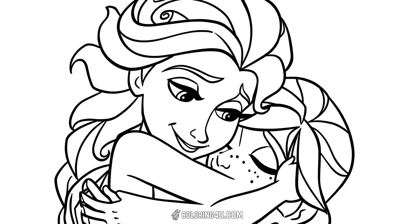 Celebrate the heartwarming bond between sisters Anna and Elsa from Disney's Frozen with this lovely coloring page. Kids can bring their favorite characters to life as they share a warm embrace full of love and magic.