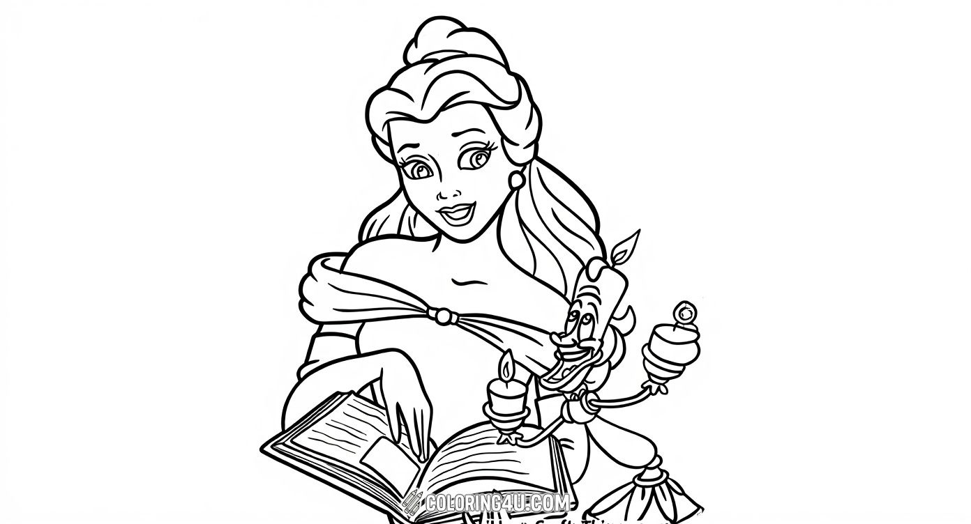 Join Belle from Disney's Beauty and the Beast as she enjoys reading a book, accompanied by her cheerful friend Lumiere, the enchanted candelabra. This coloring page invites kids to bring to life the magical world of stories and friendship!