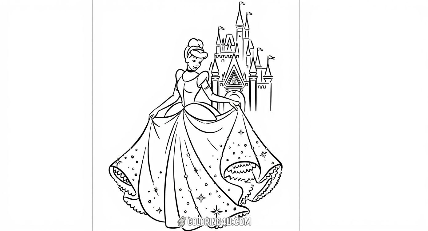 Color the elegant Cinderella in her stunning ball gown, standing gracefully in front of her magnificent castle. This enchanting scene from the beloved Disney movie invites kids to add their favorite colors and dream of magical evenings.