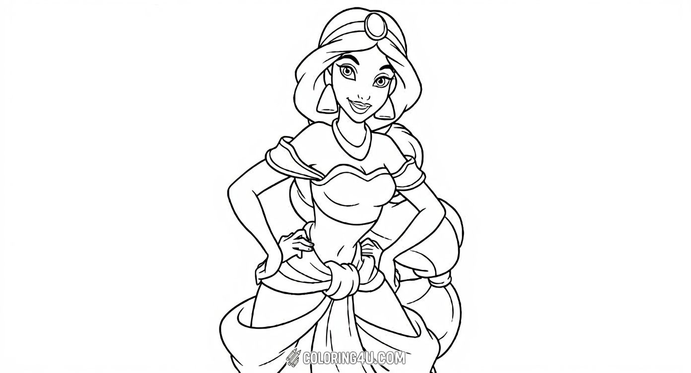 This delightful coloring page features Princess Jasmine from the Disney movie Aladdin. Jasmine stands confidently with her hands on her hips, showing her adventurous and spirited nature. Kids can enjoy bringing her beautiful outfit and flowing hair to life with their favorite colors.