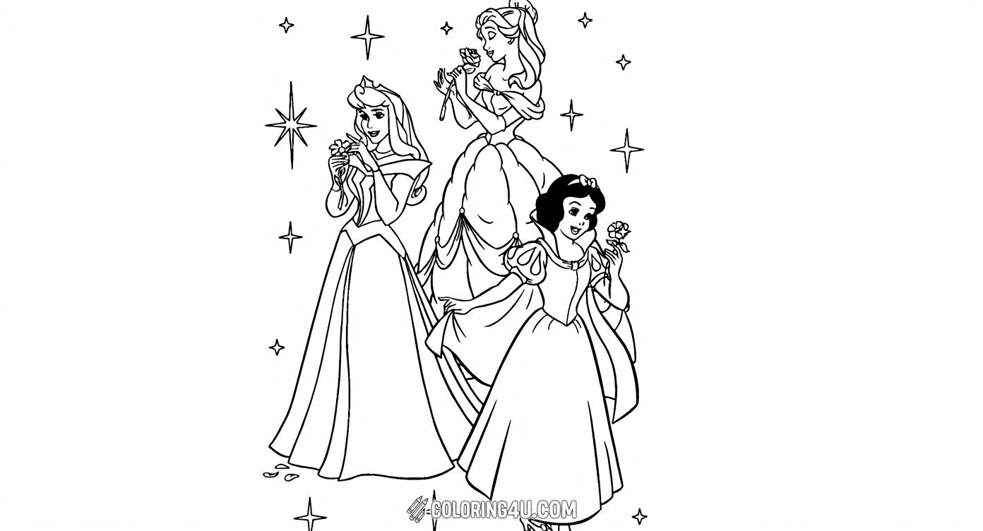 This enchanting coloring page showcases three beloved Disney princesses: Belle from Beauty and the Beast, Snow White, and Aurora from Sleeping Beauty. Each princess holds a beautiful flower while surrounded by twinkling stars, inviting kids to color their elegant gowns and magical setting.