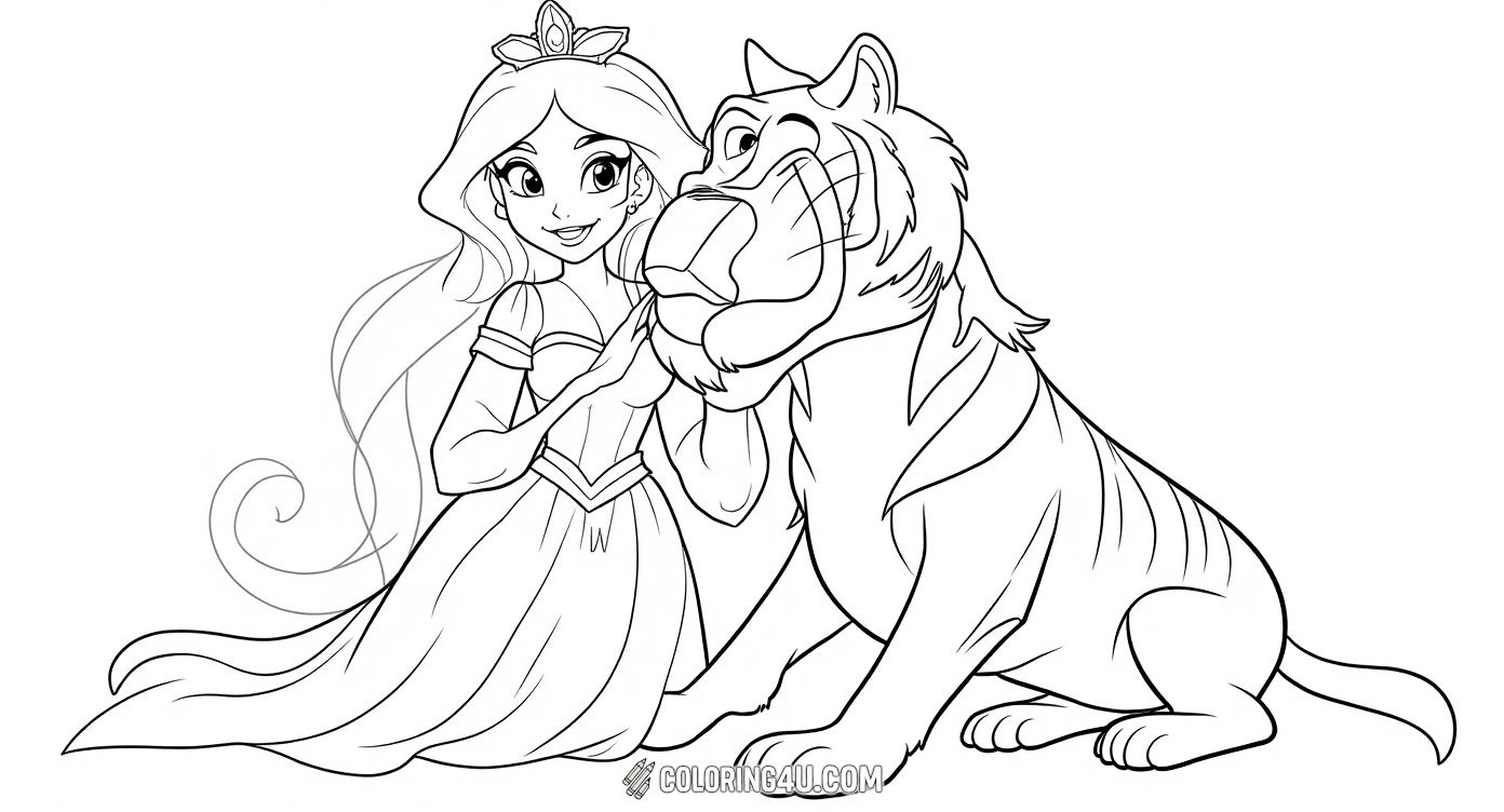 Join Princess Jasmine from Disney's Aladdin as she shares a special moment with her loyal tiger. This delightful coloring page invites kids to bring the adventurous spirit of Agrabah to life with vibrant colors and creative imagination.